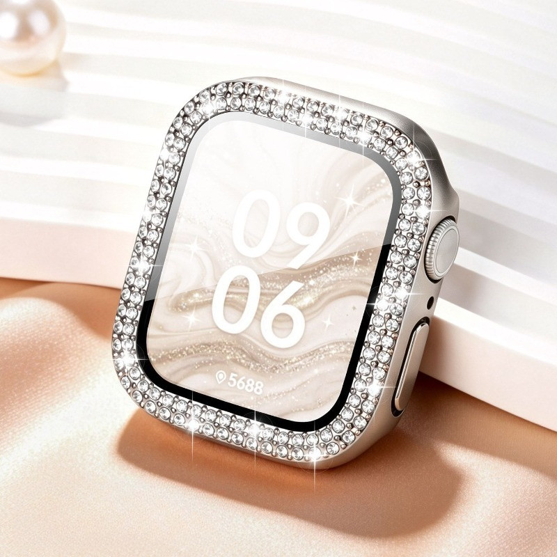 PC Diamond Case + Vidro Temperado Para Apple Watch Série 12 11 10 46mm 42mm Hard Bumper Frame S12 S11 S10 360 ​ Protetor