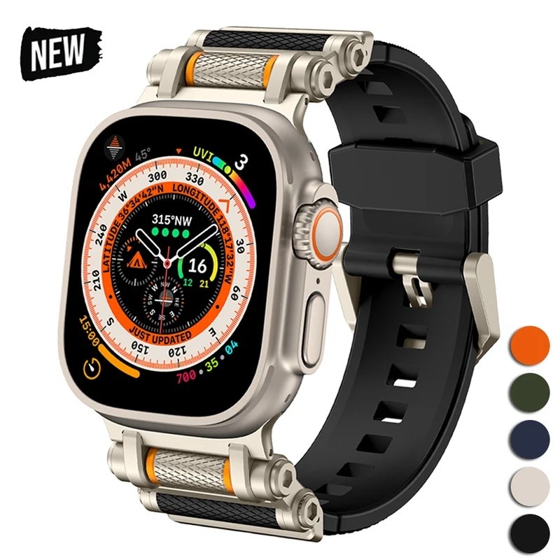 Pulseira esportiva de borracha para Apple Watch Ultra 4 3 49mm Série 12 11 10 46mm, pulseira de silicone e metal para iW