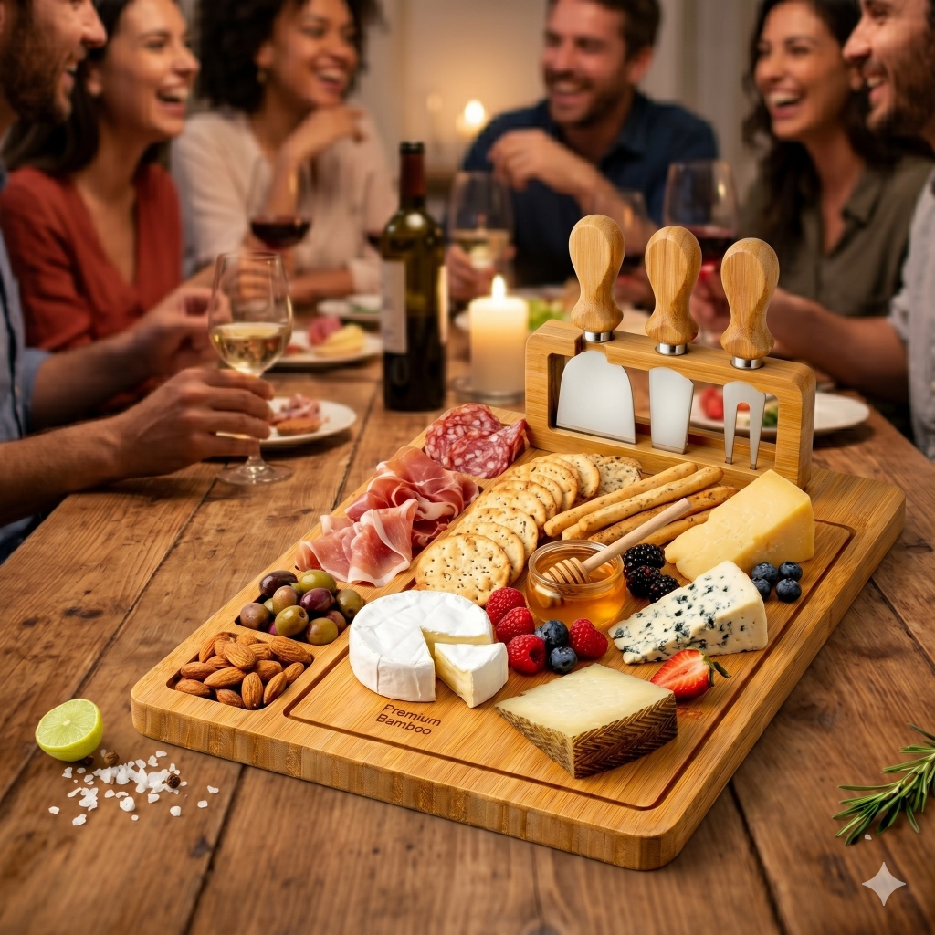 Tábua de Frios em Bambu Grande Petisqueira com  Espátulas para Queijos Aperitivos Petiscos Kit Presente Cozinha Madeira