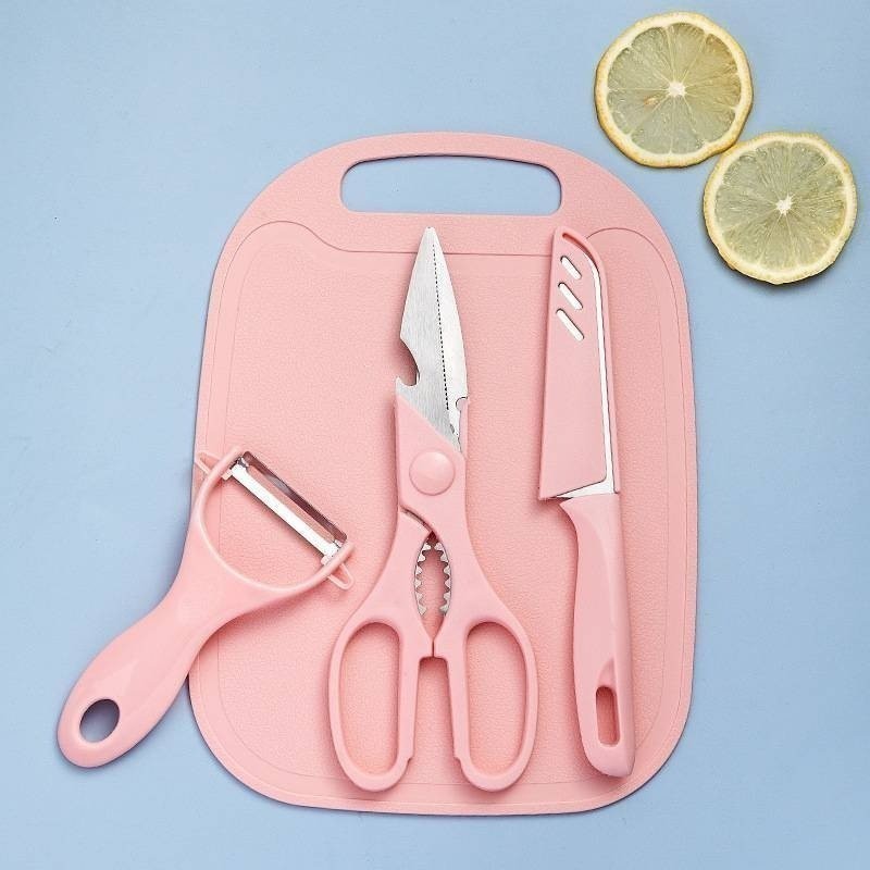 Kit Utensílios Cozinha 4 Peças Faca Inox Tesoura Descascador Cortador Tábua Preparo Alimento Legume