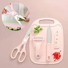 Kit 4 Utensílios Descascador Tábua Cortador Talheres Afiado Cozinha Faca Inox Tesoura