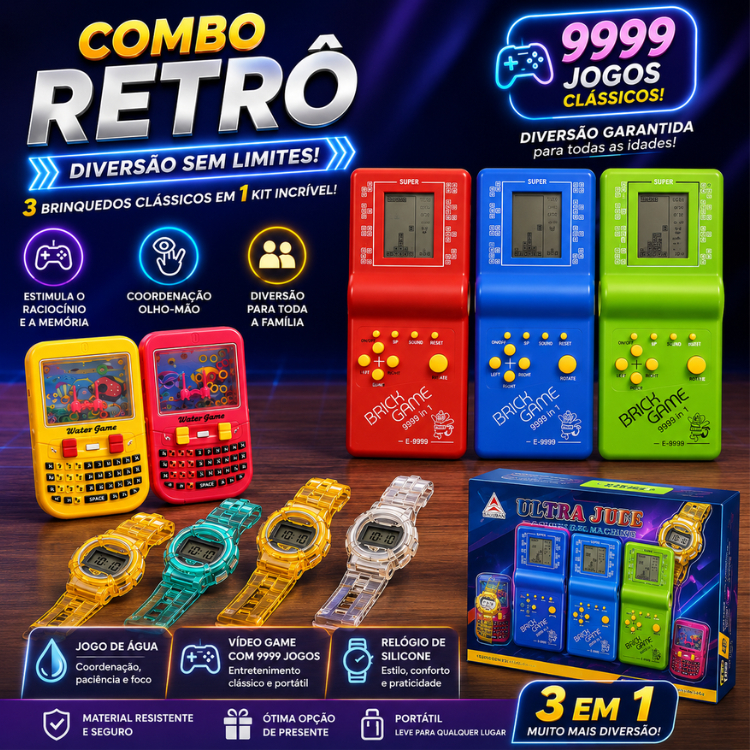 Kit Retrô 3 em 1 - Vídeo Game 9999 Jogos + Jogo de Água + Relógio Digital Cores Surpresa