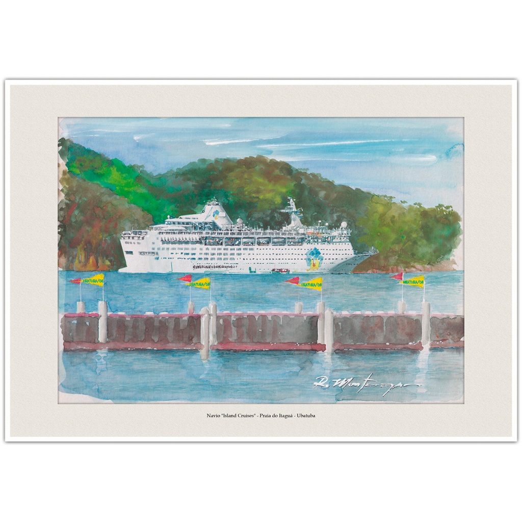 Navio Island Cruises Praia do Itaguá - Ubatuba | Arte Aquarela para Quadro Decorativo | A4