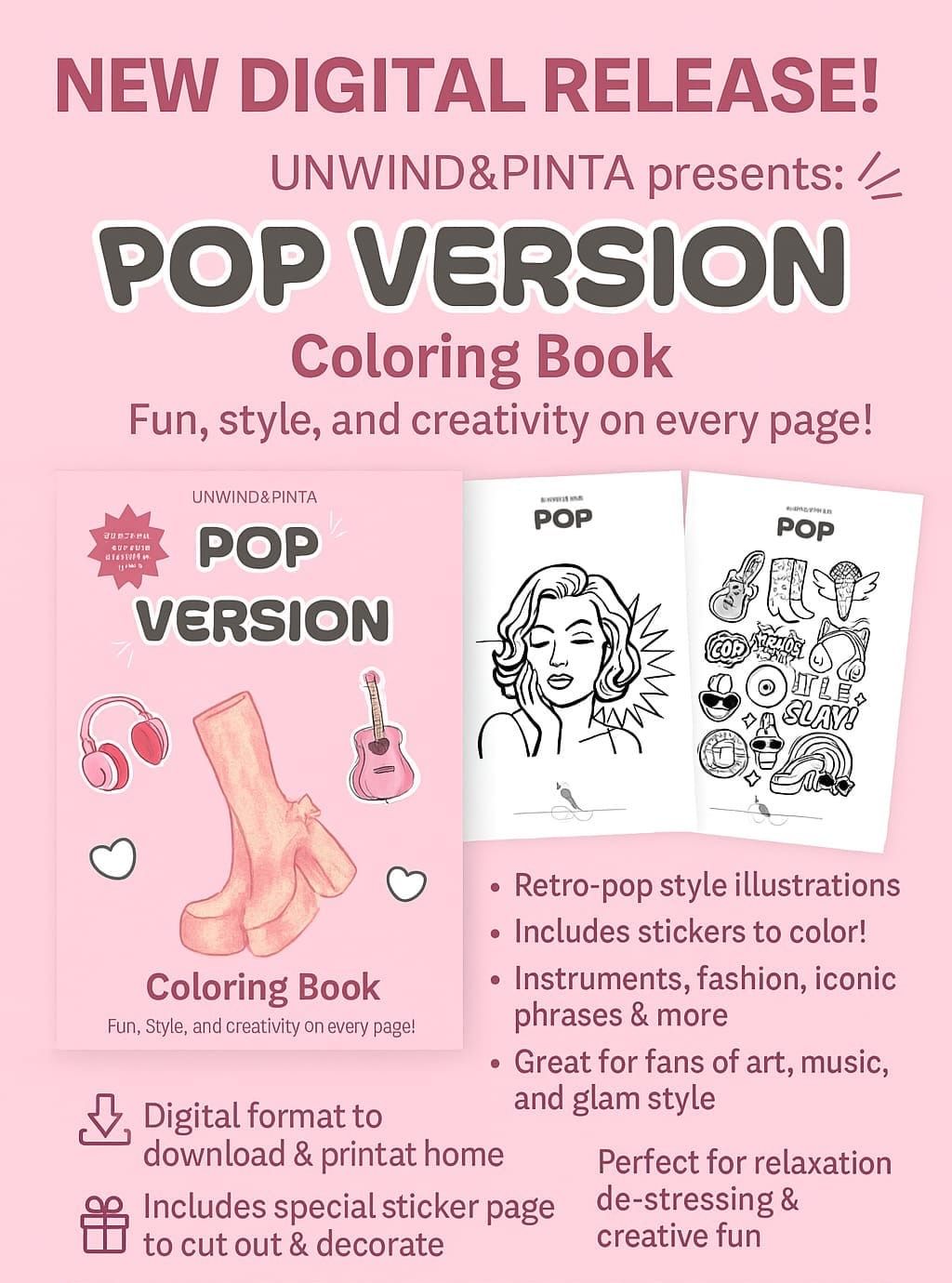 Color pop-coloring book: unique designs, print at home!