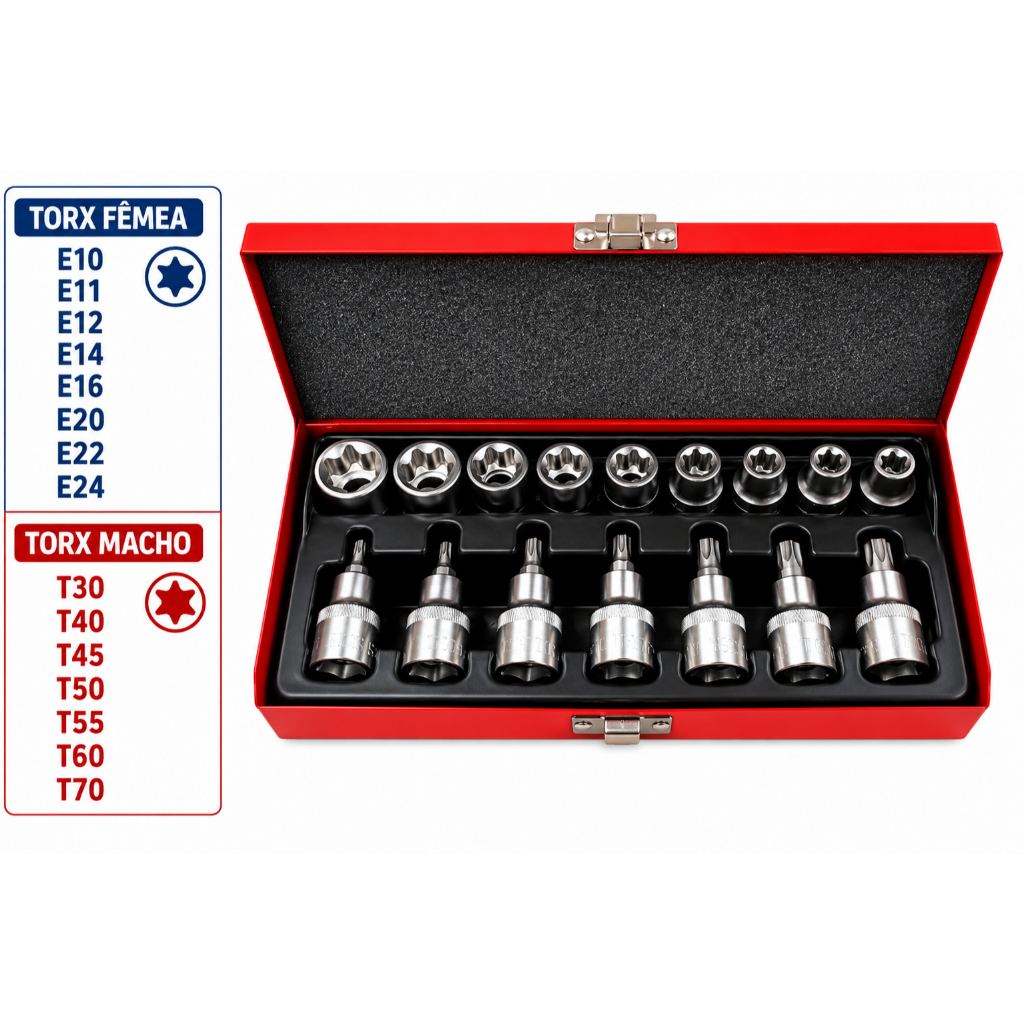 Kit De Soquetes Torx Fêmea E Macho 1/2 16pç  - Profissional