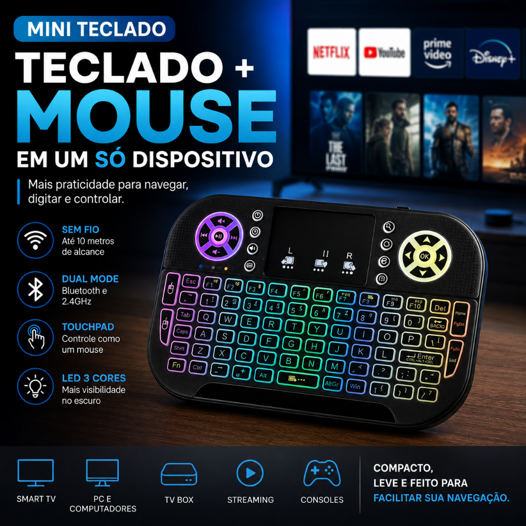 Mini Teclado Bluetooth Wireless com Touchpad LED 3 Cores para Smart TV PC TV Box