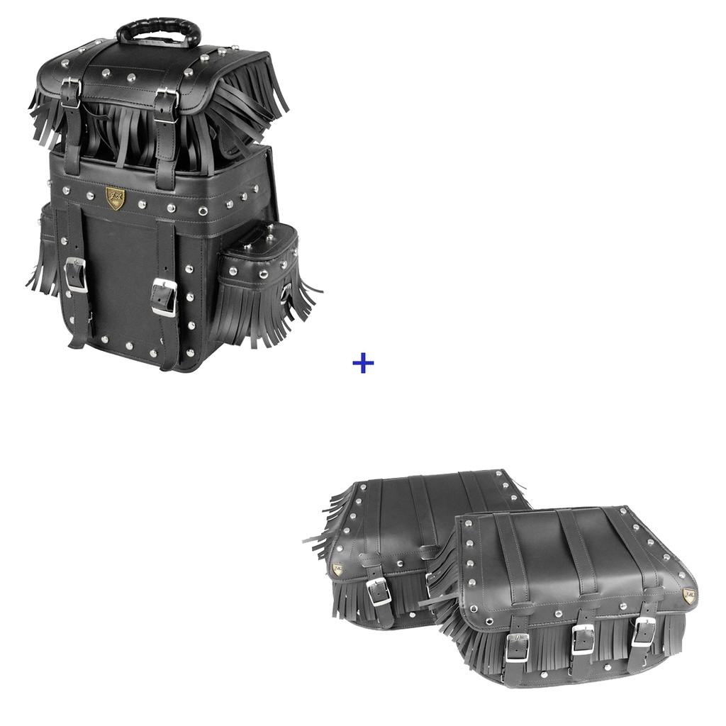 Kit Alforge Traseiro 25 Litros  C/ Cravos e Franjas + Alforge Lateral 3F 25 Litros Couro Sintético C/ Cravos e Franjas