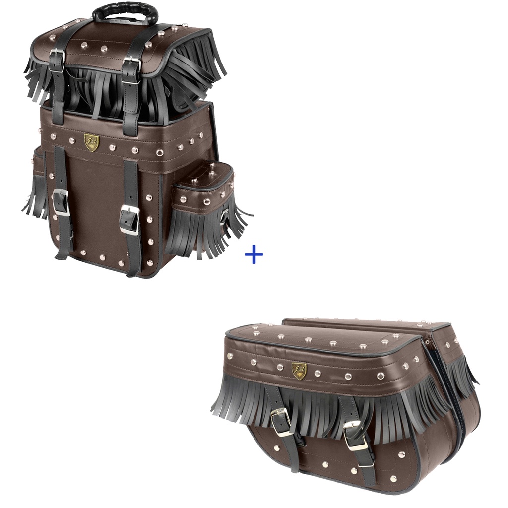 Kit Alforge Traseiro 25 Litros em  Marrom C/ Cravos e Franjas + Alforge  Losango 32 Litros em Couro  C/ Cravos e Franjas