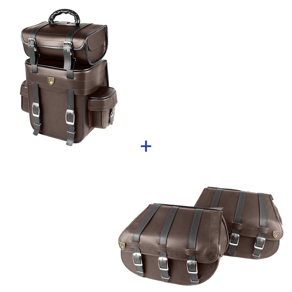 Kit Alforge Traseiro 25 Litros Couro Sintético Marrom Liso + Alforge Lateral 3F 25 Litros Couro Sintético Marrom Liso