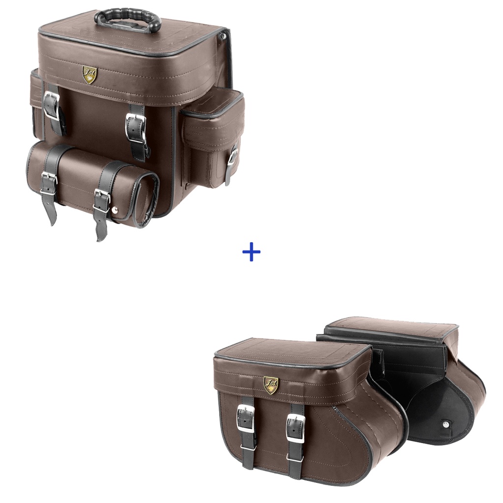 Kit Viagem Alforge Traseiro 29 Litros Couro Sintético Marrom Liso + Alforge Lateral Botinha 18 Litros Couro Sintético Marrom Liso
