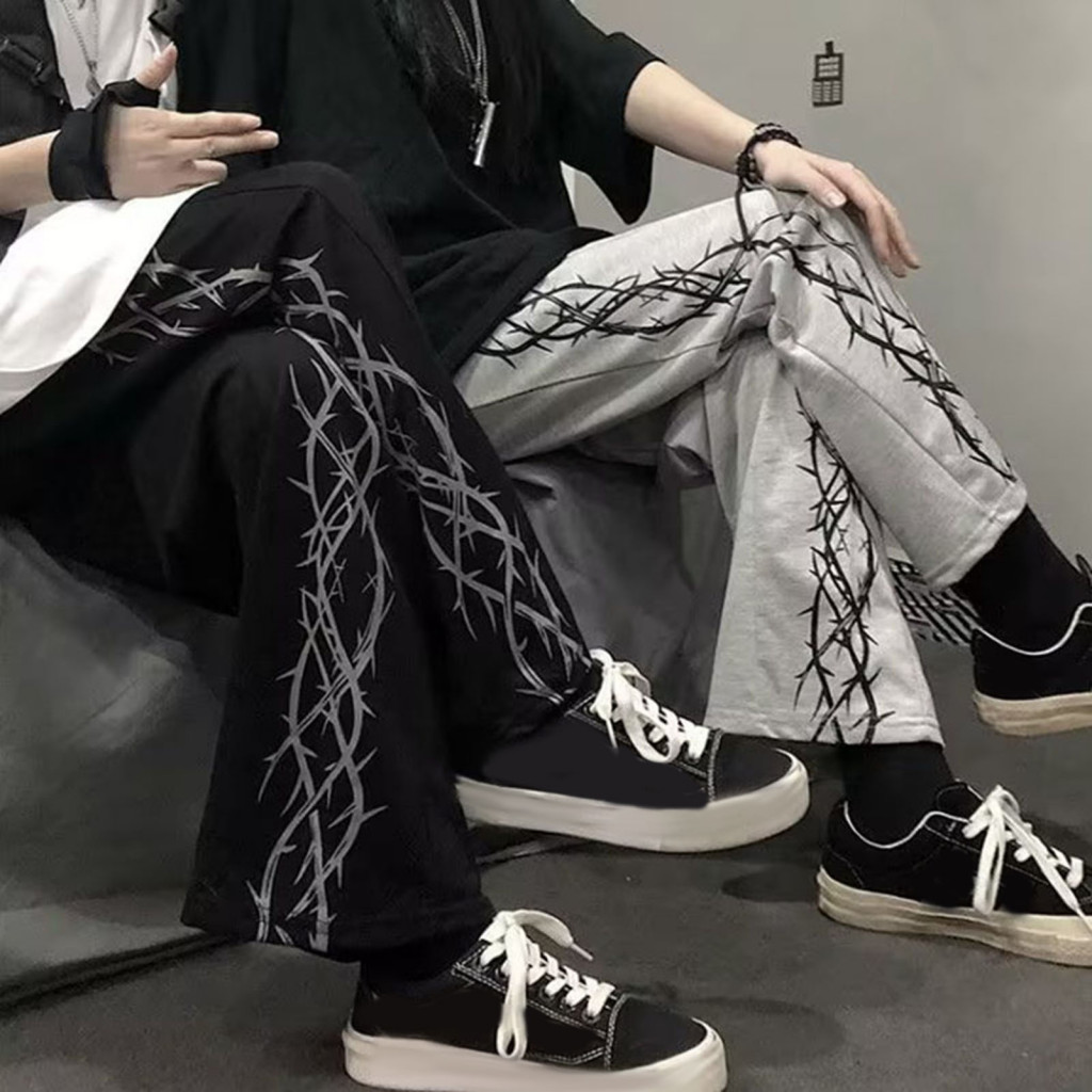 Men Trousers Straight Leg Shape Pants Men's Thorn Print Wide High Street Style Loose Fit Retro Elastic Waist Full-length