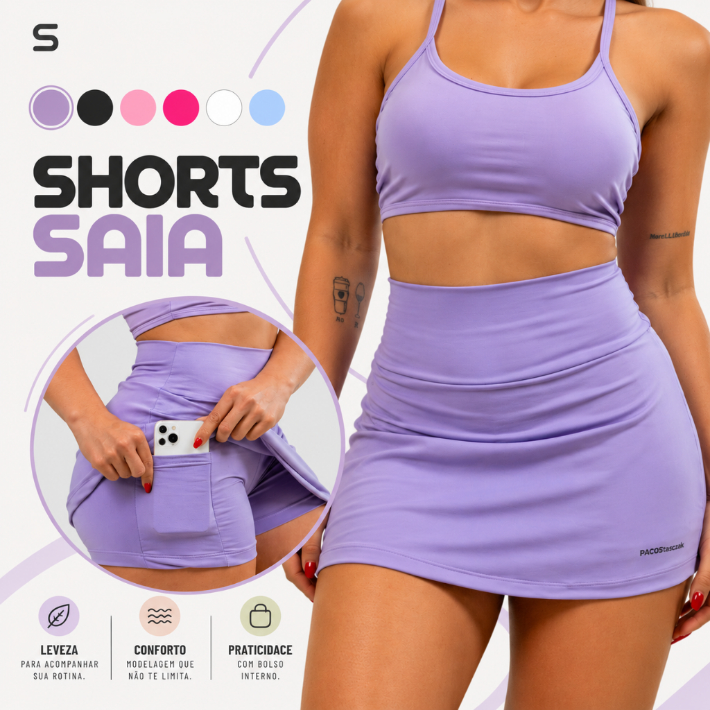 Shorts Saia Academia Tapa Bumbum 2 Bolso Oculto pra Celular/Chave/Fone Fitness Sport c/ Proteção UV