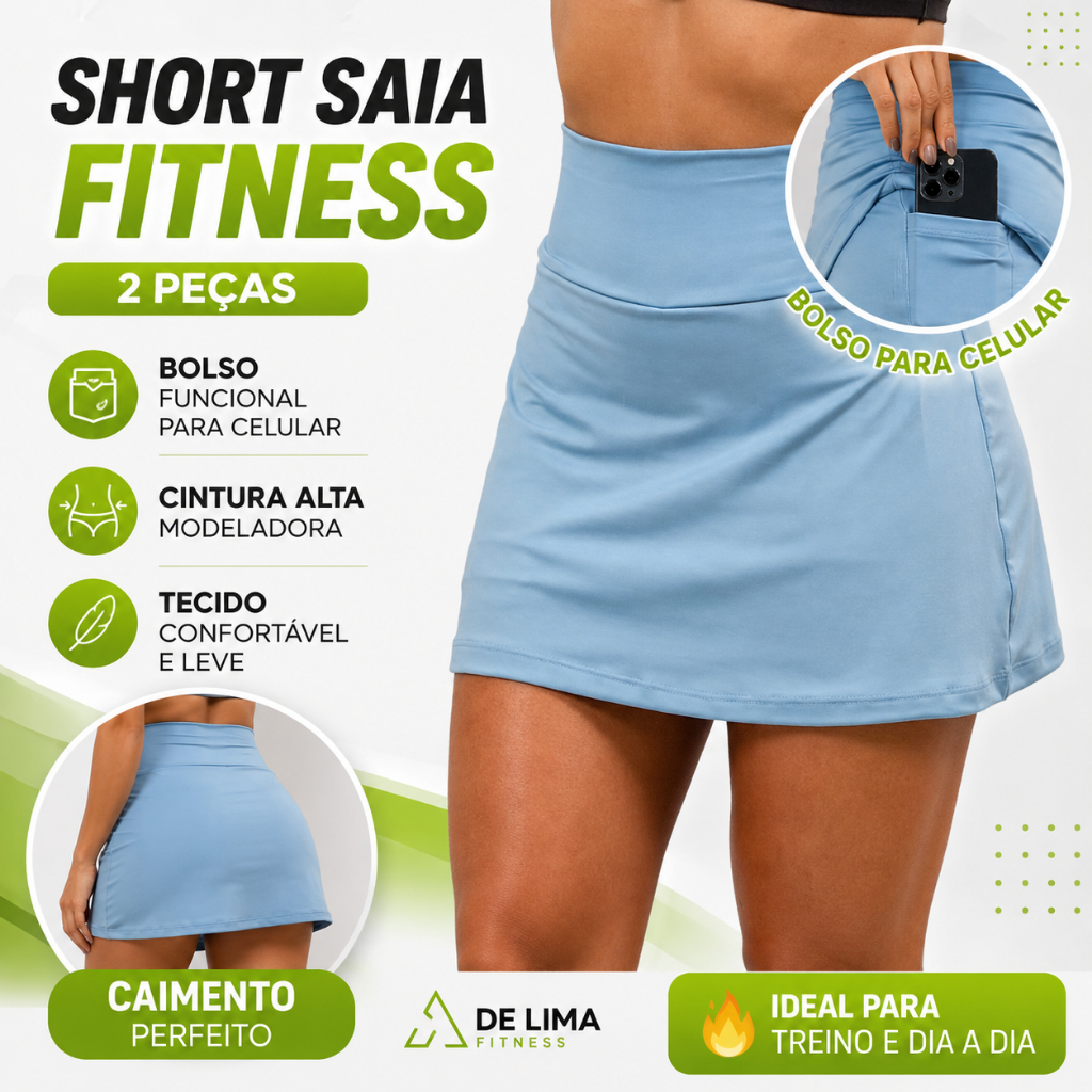 KIT 2 Short Saia Tapa Bumbum Fitness Academia c/ 2 Bolso Oculto pra Celular/Chave/fone
