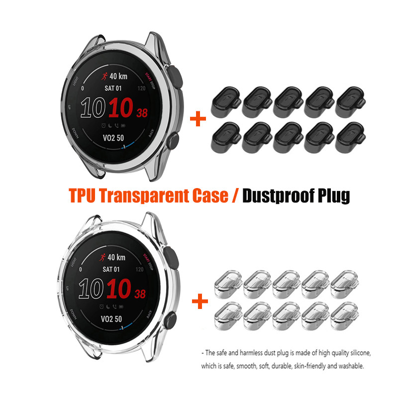 Capa Macia Transparente + Plugue Contra Poeira TPU Para Garmin Forerunner 255/265/570/970/165/158