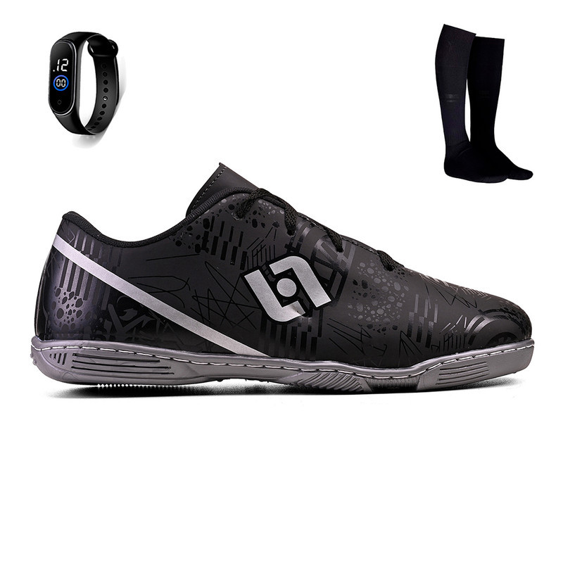 Kit Chuteira Infantil Futsal Quadra Futebol de Salão Indoor Costurada + Relógio + Meião