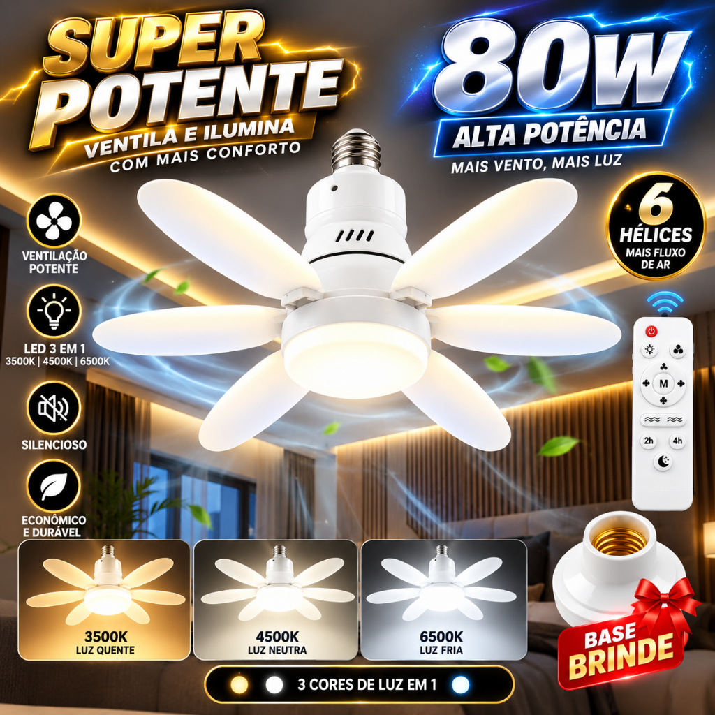 Ventilador Led Bocal E27 De Teto Luminária De teto 3 Em 1 Multifunção 60W 6 pás Branco ES