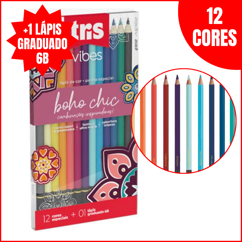 Lápis de Cor Tris 12 Cores Vibes Boho Chic Paleta Especial