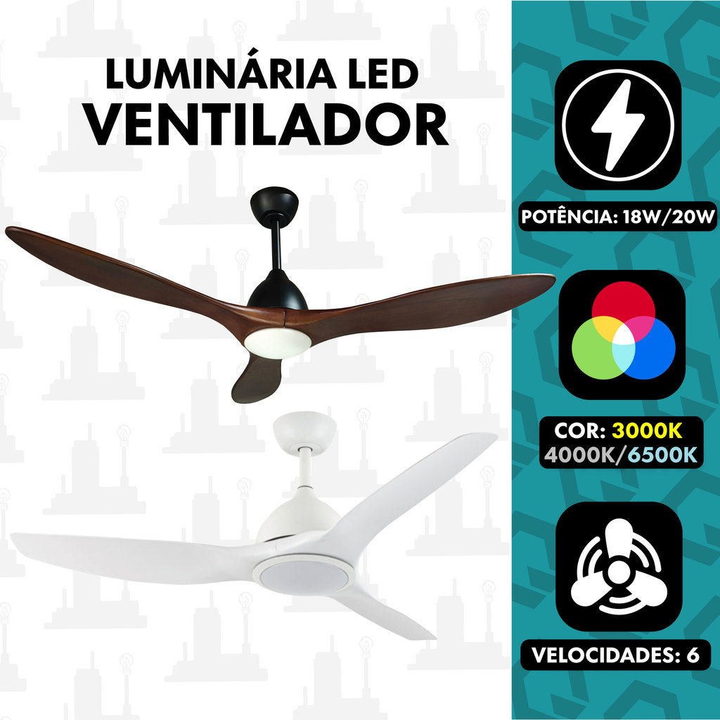 Ventilador de Teto LED 3 Pás 18W 3000K Quente 4000K Neutro 6500K Frio 6 Velocidades Preto Branco TOP LIGHT