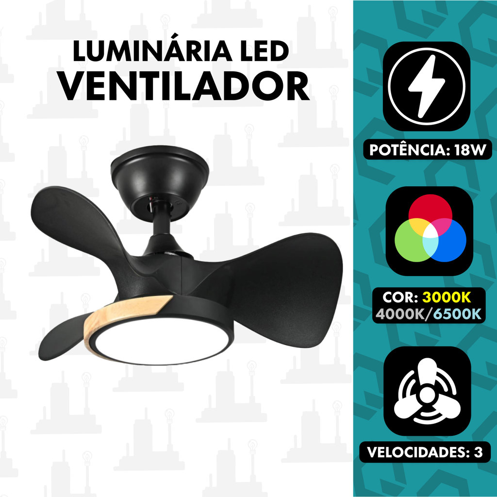 SYFLAR Ventilador de Teto LED 18W 3000K Quente 4000K Neutro 6500K Frio 6 Velocidades Preto Madeira Branco TOP LIGHT