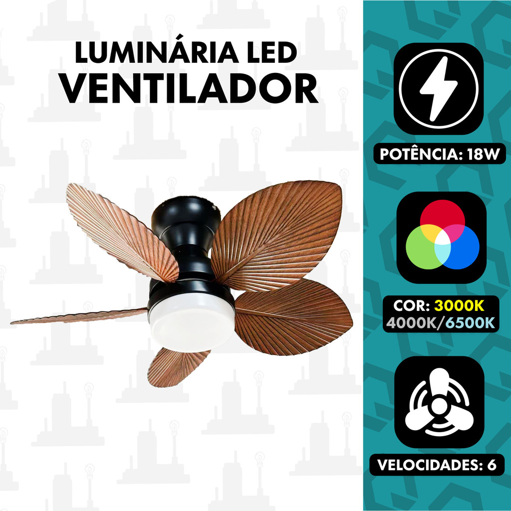 Ventilador de Teto LED 5 Pás 18W 3000K Quente 4000K Neutro 6500K Frio 6 Velocidades Preto Madeira Folhagem TOP LIGHT
