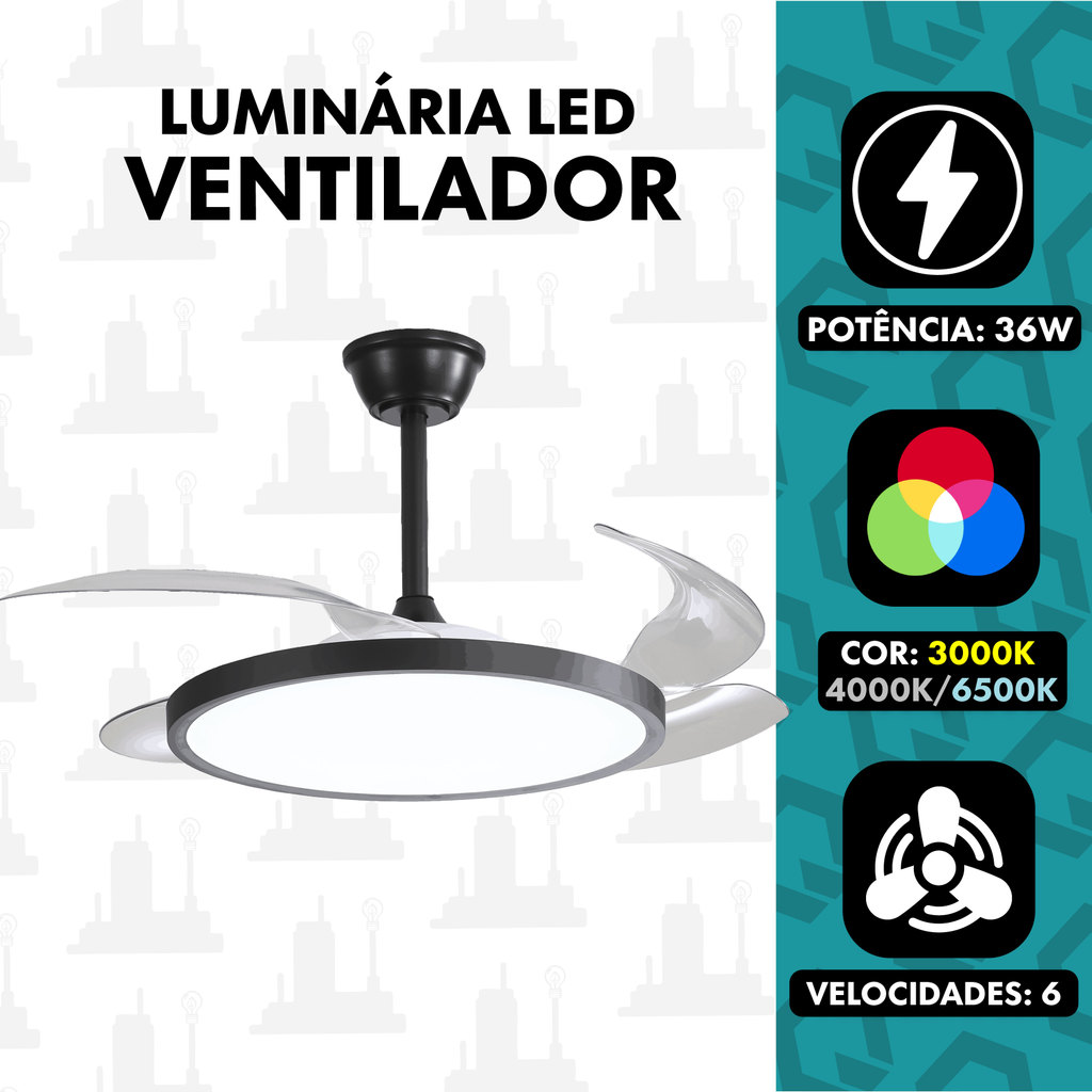 Ventilador de Teto LED 4 Pás Retrátil 36W 3000K Quente 4000K Neutro 6500K Frio 6 Velocidades Preto Branco TOP LIGHT