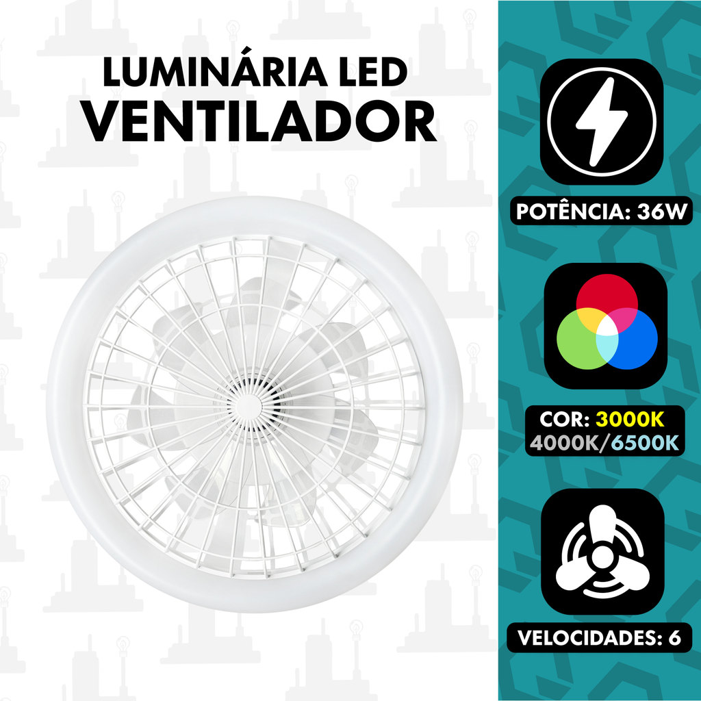 Ventilador de Teto Redondo 36W LED 3000K Quente 4000K Neutro 6500K Frio e Controle de 6 Velocidade Branco TOP LIGHT