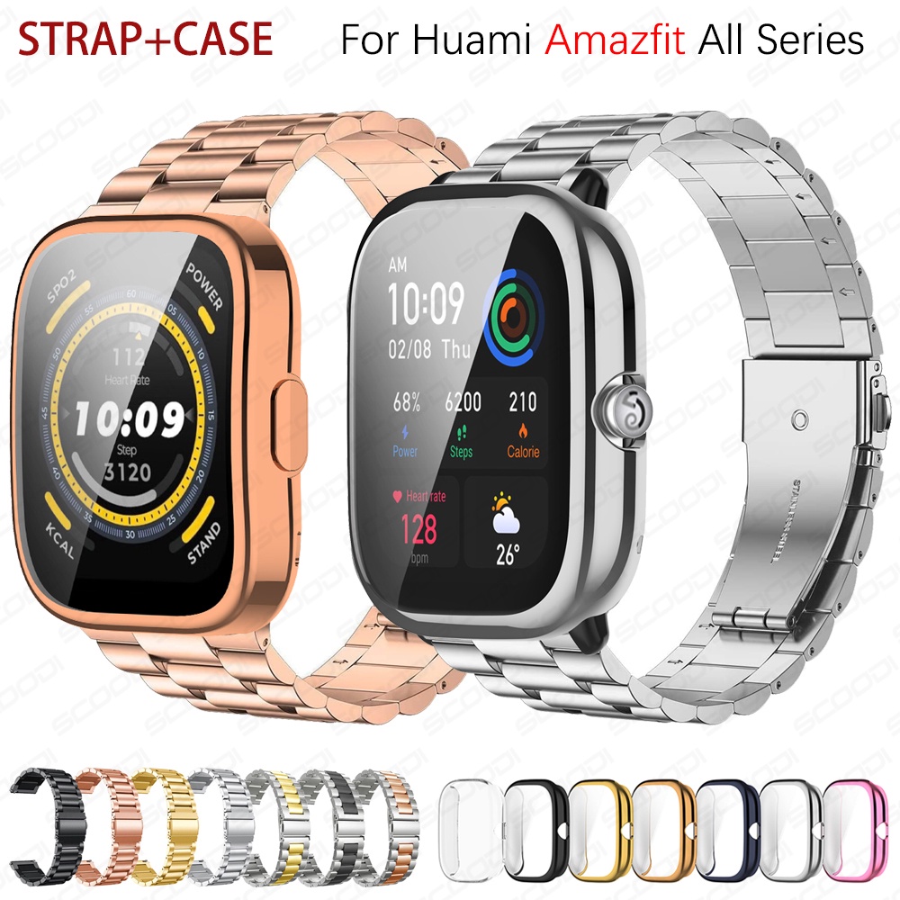 Cinta Metálica De Aço Inoxidável + TPU Tampa Para Amazfit Bip 5/Bip 5 Unity/3 3Pro U S Lite/GTS 4 4mini/3/2 2e 2mini Caixa De Fita De Relógio