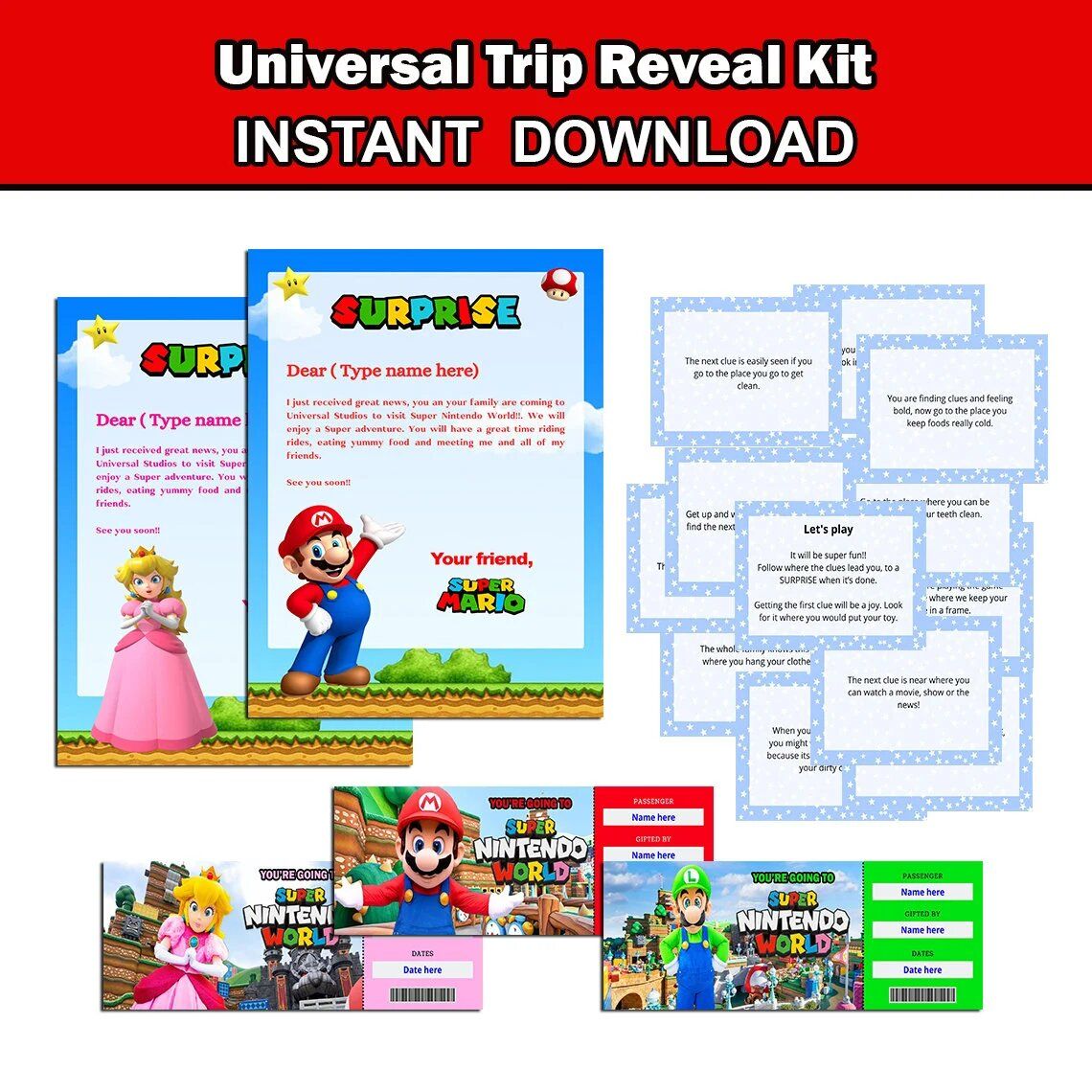 Universal Trip reveal Editable, ticket, letter, Scavenger Hunt from Super Mario