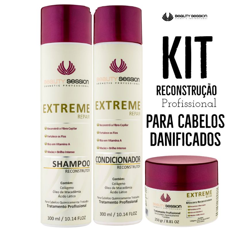 kit Tratamento Reconstrução Cabelos Danificados EXTREME REPAIR  Beauty Session Cosmetic Professional
