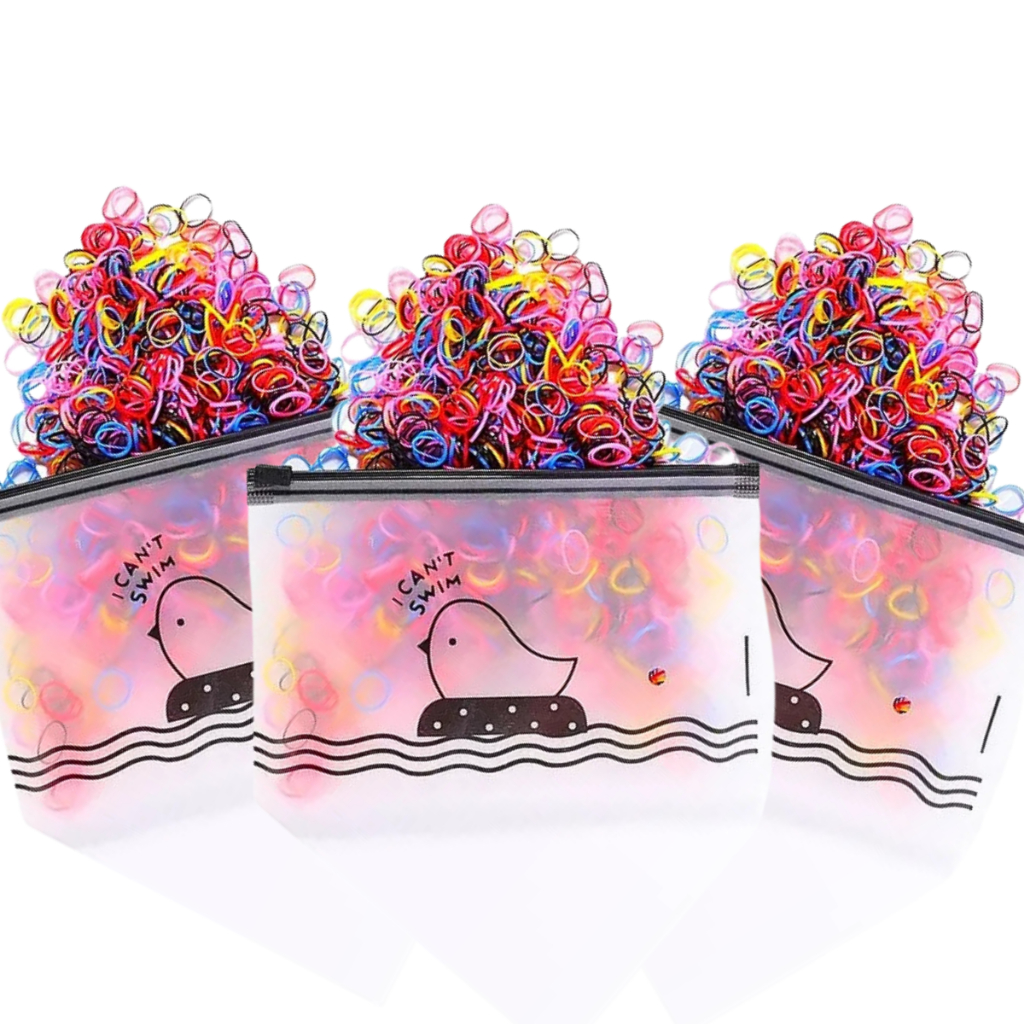 Kit 3 Mil Uni de Elastico Silicone Colorido Com Estojo Infantil Pulseira Loom Bands