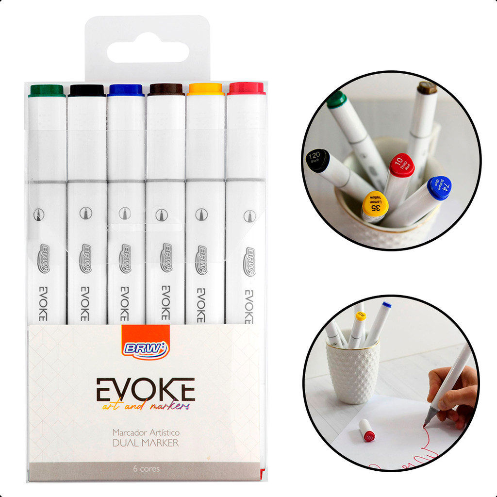 Marcador Permanente Canetinhas Brush Pen Colorir Dual Marker 6 Cores Evoke BRW