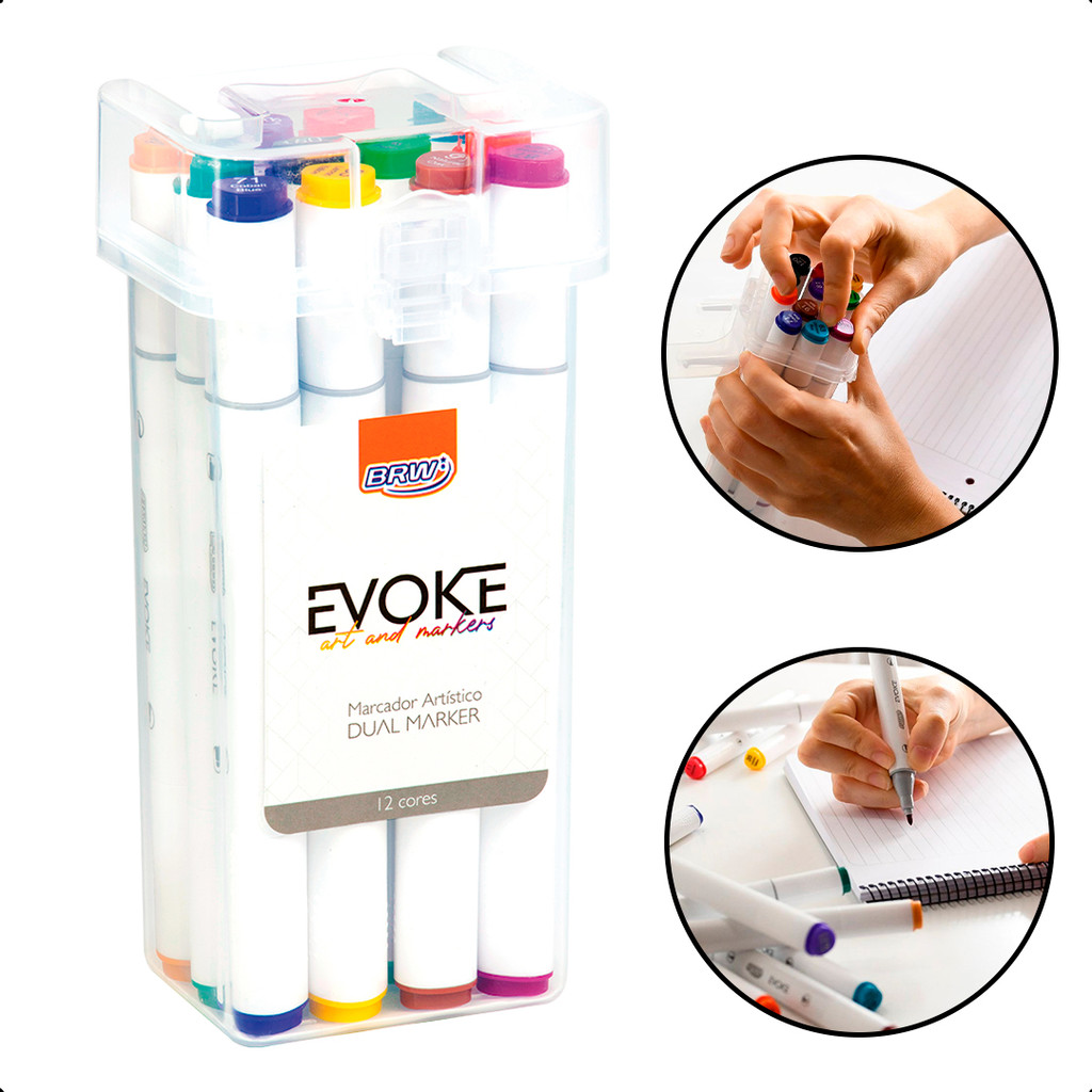 Marcador Permanente Canetinhas Brush Pen Colorir Dual Marker 12 Cores Vibrantes BRW