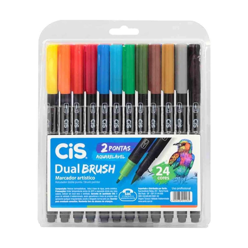 Marcadores Dual Brush 24 Cores CiS 2 Pontas Aquarelável Material Escolar Escritório Volta as Aulas
