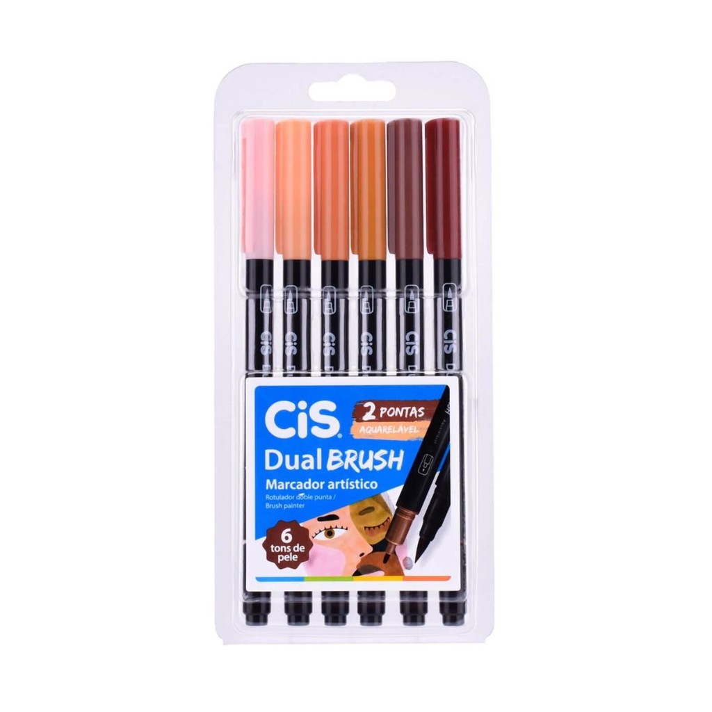 Marcadores Dual Brush 6 Cores CiS Tons de Pele Aquarelável Material Escolar Escritório Volta a Aulas