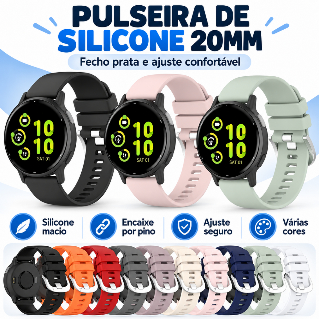 Pulseira Silicone fecho 20mm Dupla Correia Premium para Smartwatch Amazfit GTS 4/3/2 Bip3 Pro/Bip U Pro/GTR