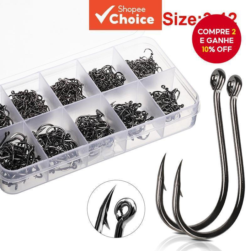 100/200/300/400/500/600 Pcs Fishing Hook Set, Mixed Sizes, High Carbon Steel Offset Round Hooks