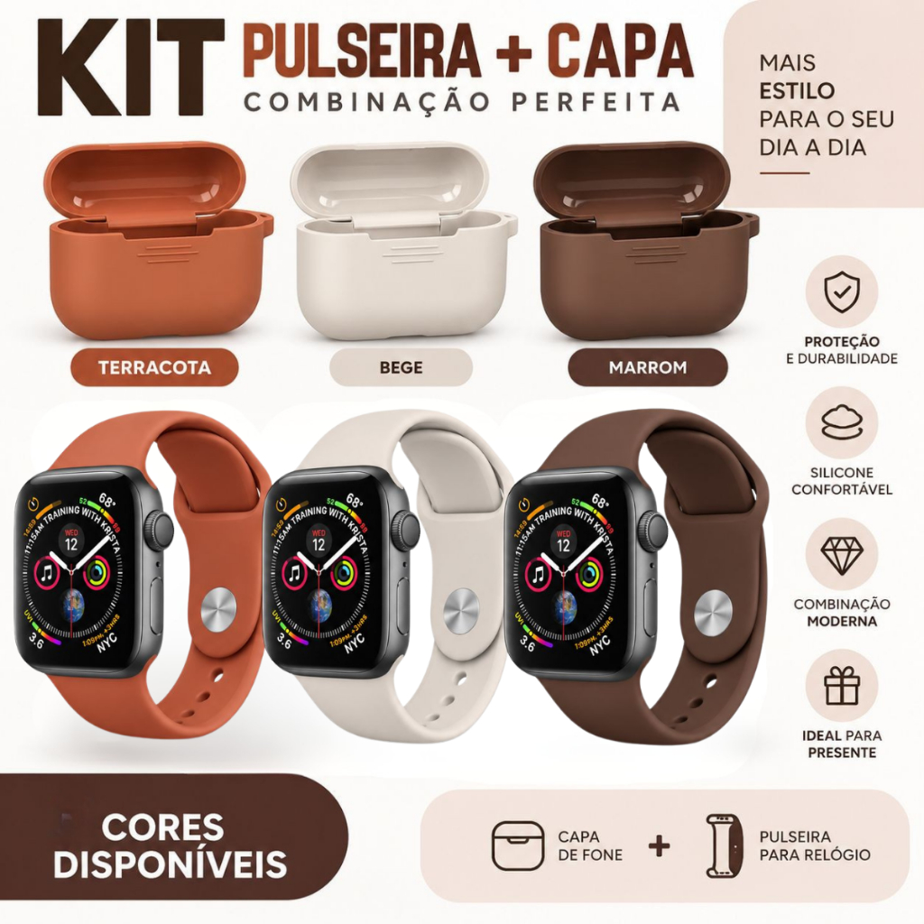 Kit Completo Pulseira Lisa Para Smartwatch + Case Para Fone Airpods 4/ Pro3/ Pro 2