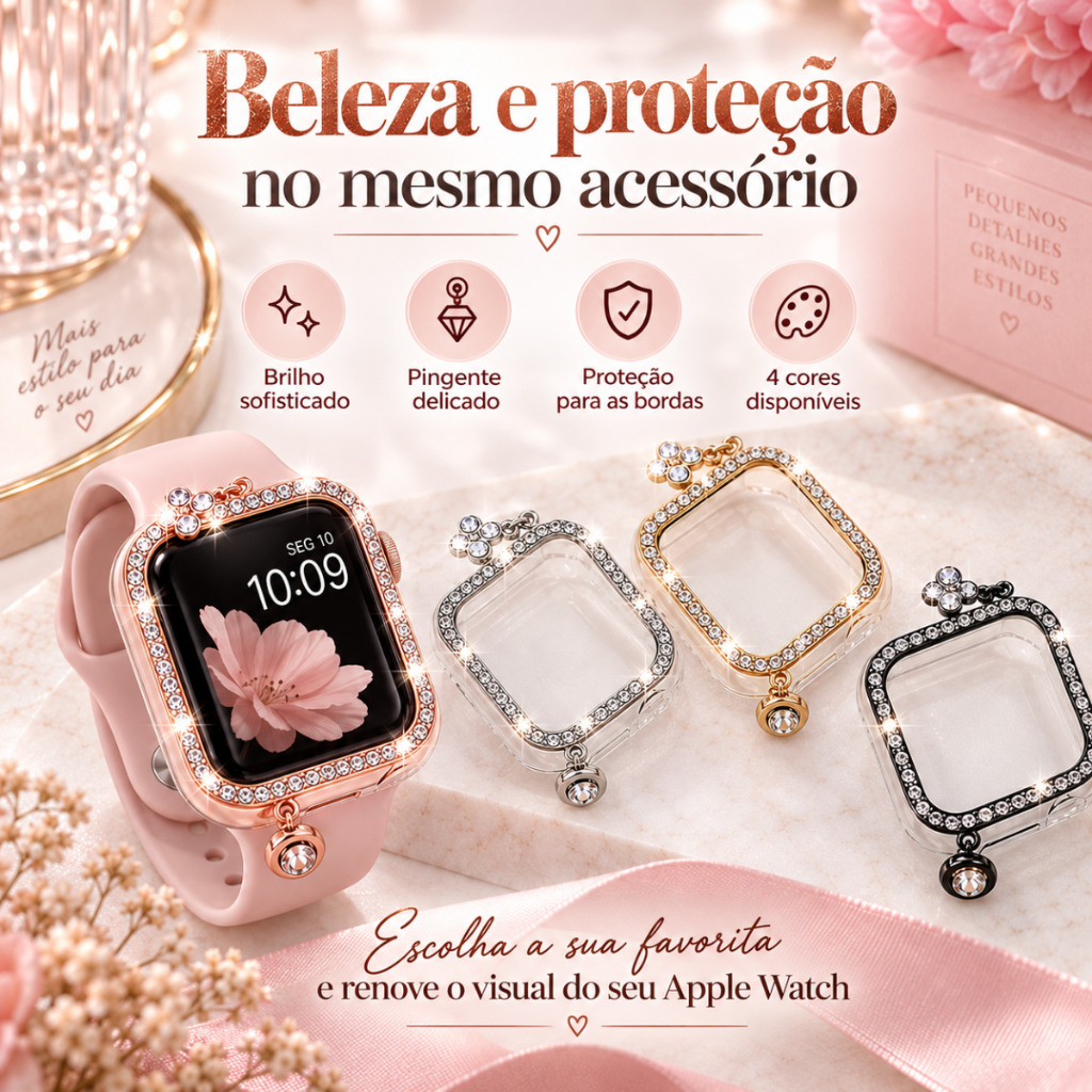 Capa Case Strass Brilho Pingente Vazada Para Smartwatch AppleWatch Series 1 ao 11 38/40/41/42/44/45/46/49mm