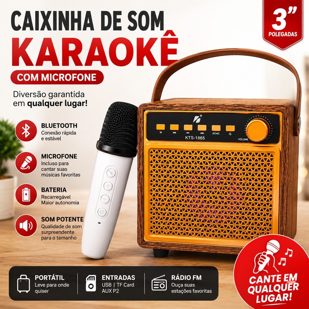 Caixinha de Som Bluetooth 3'' Karaokê com Microfone Portátil Recarregável