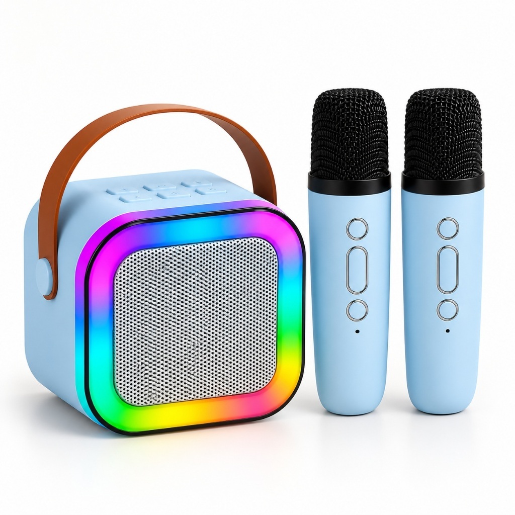 Conjunto de Karaokê Interativo para Crianças Caixa de Som Bluetooth com Dois Microfones Sem Fio