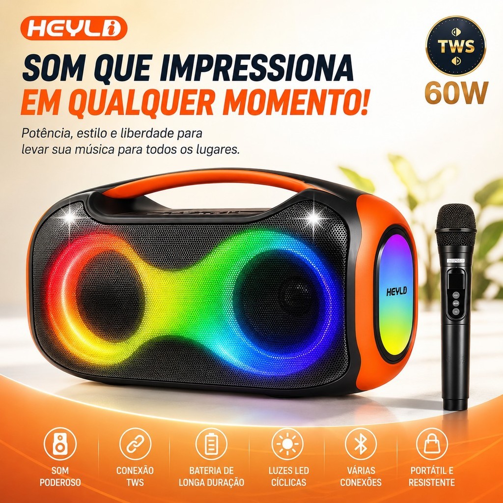 Caixa de Som Bluetooth Portátil Potente 60W IPX5 Sem Fio LED RGB USB FM Ideal para Festas e Karaokê