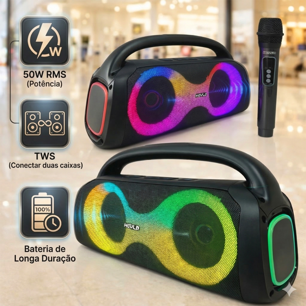 Caixa de Som Bluetooth 50W RMS + Microfone Potente Recarregável Karaokê LED RGB TWS FM