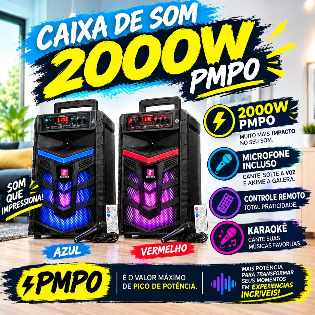 CAIXA DE SOM 2000W COM MICROFONE E CONTROLE REMOTO - FUNÇÕES KARAOKE E BLUETOOTH