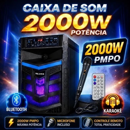 CAIXA DE SOM 2000W COM CONTROLE REMOTO E MICROFONE - FUNÇÕES BLUETOOTH E KARAOKE