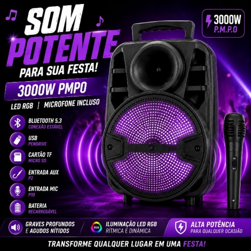 Caixa de Som Bluetooth 3000W PMPO Altomex AM-555 Com Microfone LED RGB USB TF Karaokê