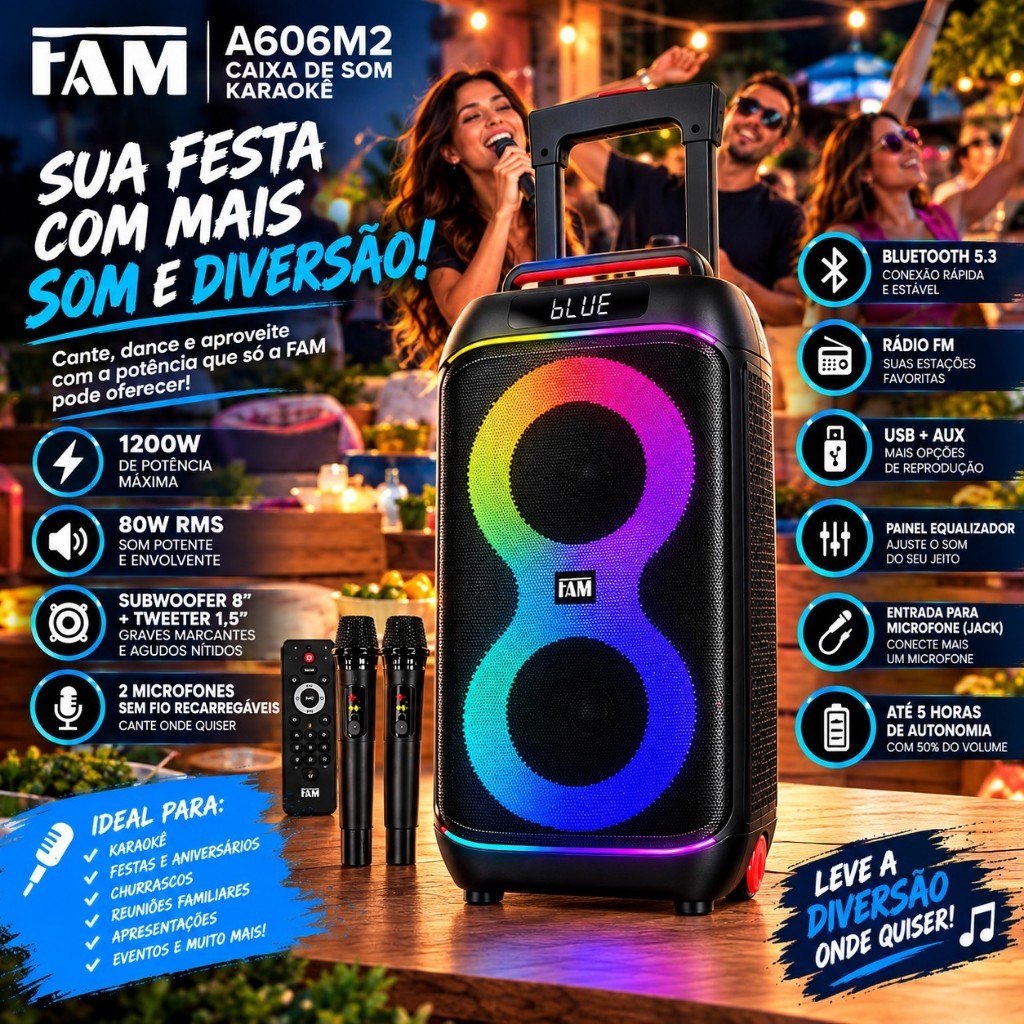 Caixa de Som 1200W Karaokê Bluetooth 2 Microfones Sem Fio Potente Festa Portátil