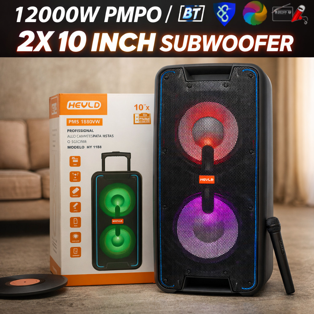 Caixa de Som Bluetooth Potente 12000W + 2 Microfones Sem Fio 2x10