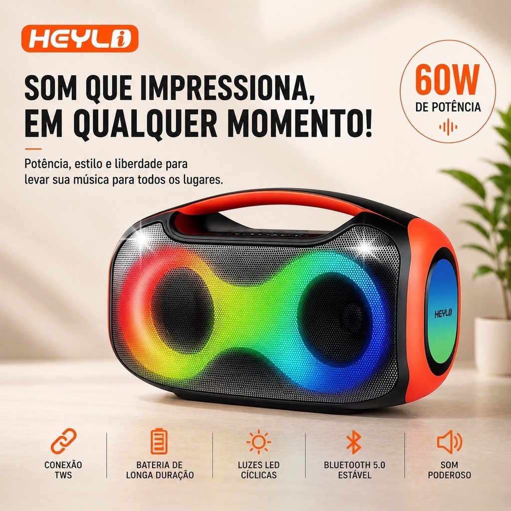 Caixa de Som Bluetooth Potente Portátil 60W IPX5 LED RGB TWS Ideal para Festas e Karaokê