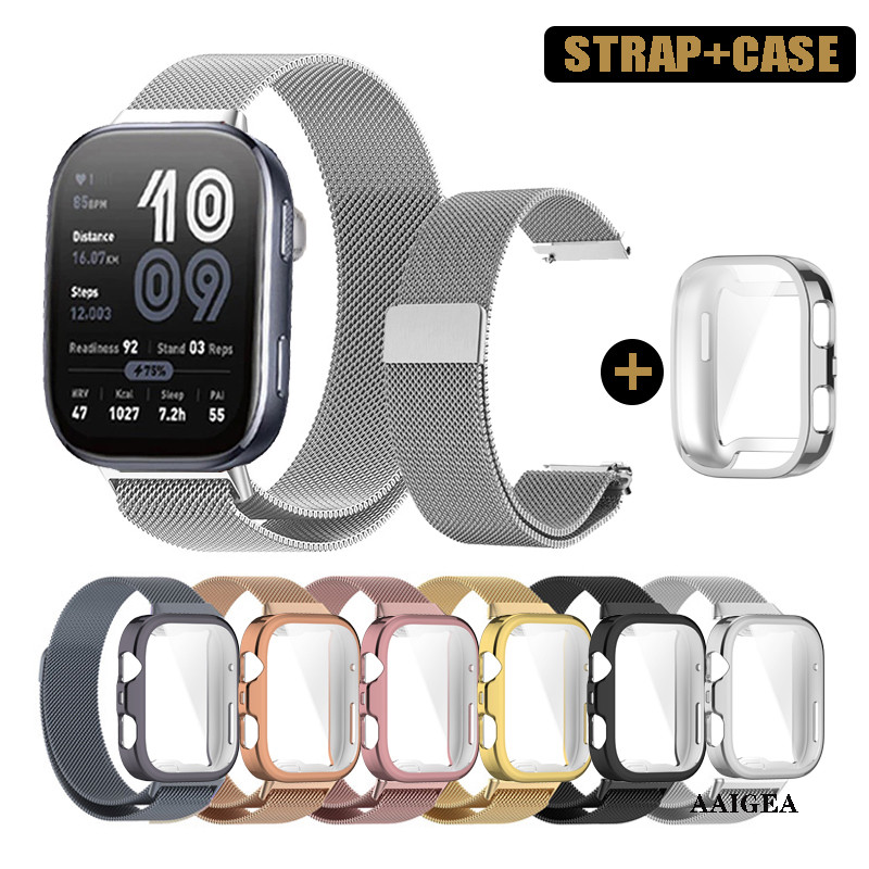 2 Pçs Pulseira De Metal + Caso Macio Para Huami Amazfit Bip 6 Aço Inoxidável Milanês Loop Pulseiras Cinta