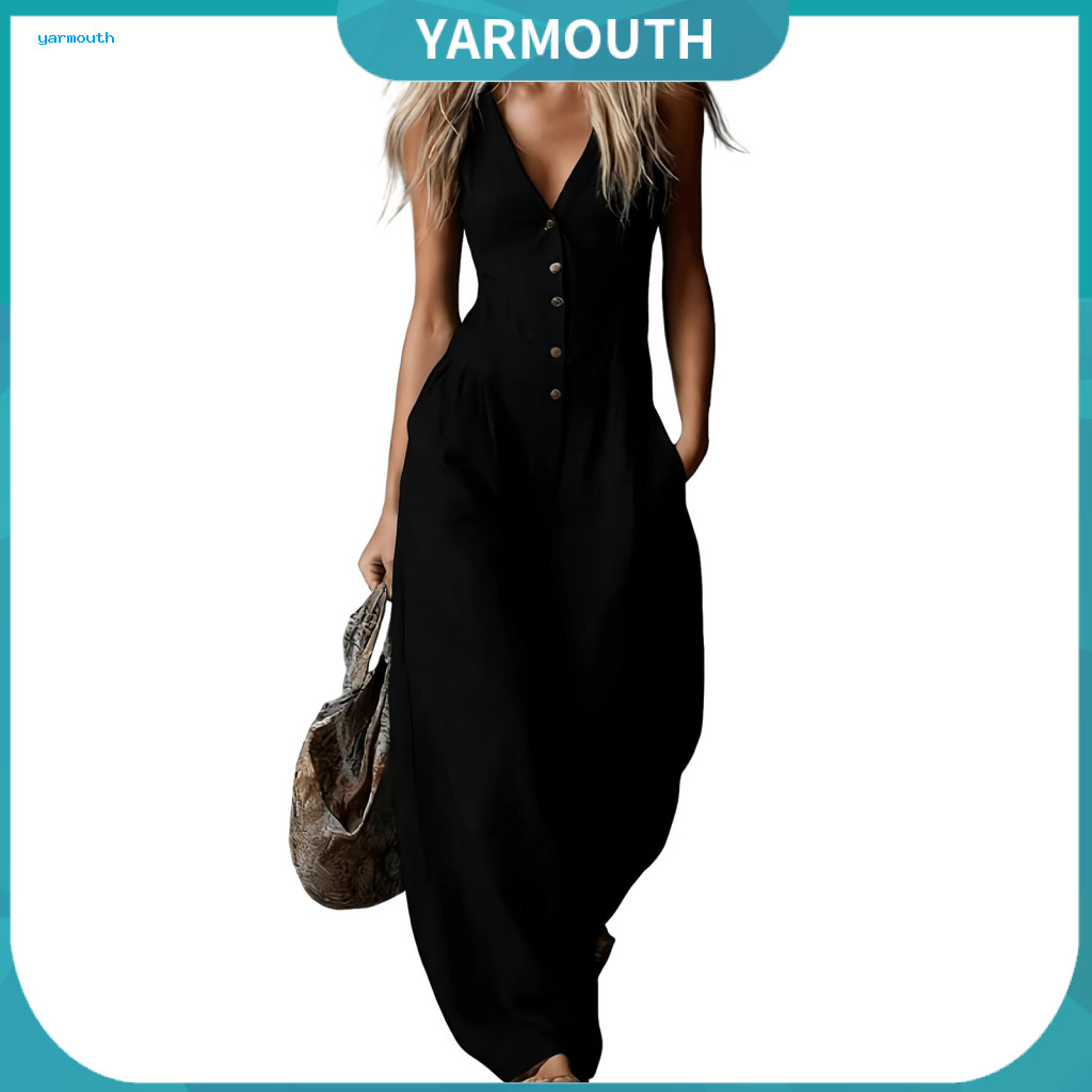 Women Jumpsuit Solid Color Summer Women’s V Neck with Front Buttons Loose Wide Leg Romper Long Pants Pockets – Light